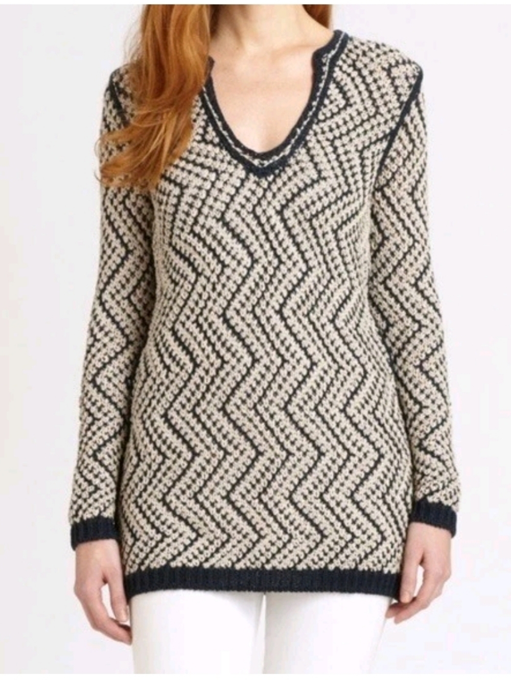 Tory Burch Ricki Crocket Knit Tunic Sweater Sz M White Quartz/ Med Navy